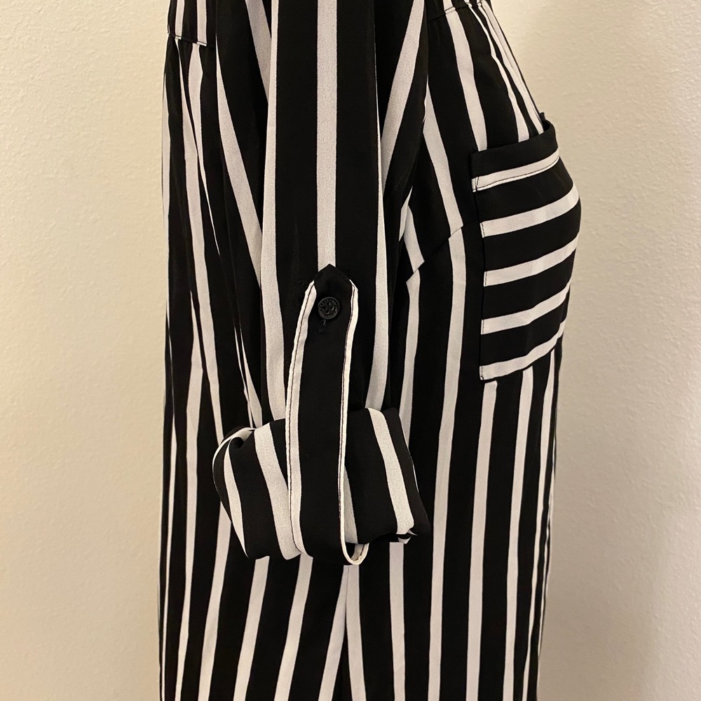 Express The Portofino Shirt Dress S Black White Striped Long Roll Tab Sleeve - Picture 7 of 14